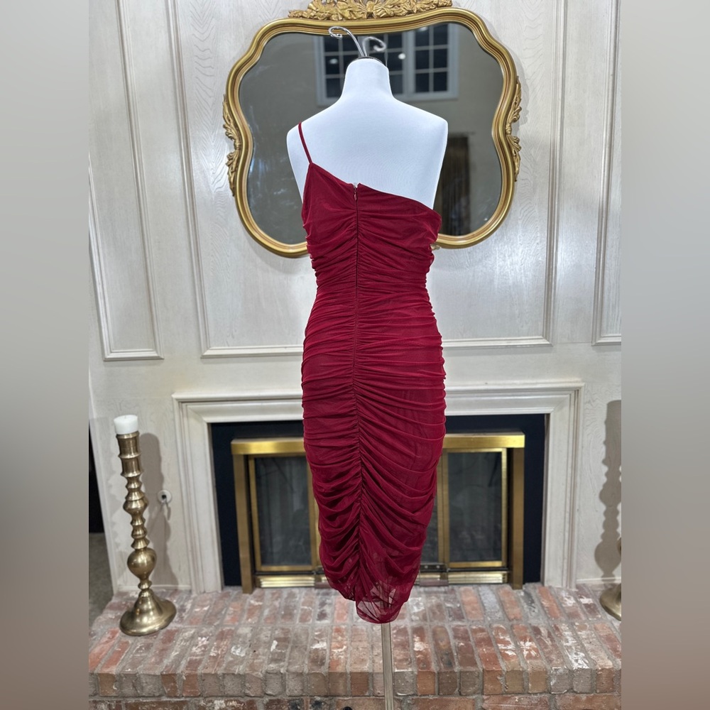 Gianni Bini Red Ruched Mesh One Shoulder Bodycon Dress XL Asymmetrical Cocktail - Picture 4 of 10